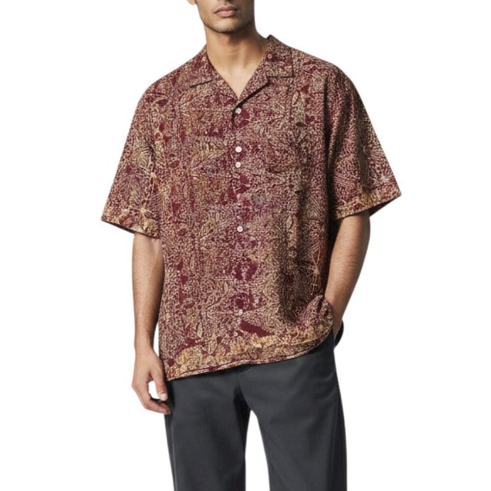 Vintage 90s Burgundy Gold Batik Floral Allover Print Cotton Camp Shirt Mens XL